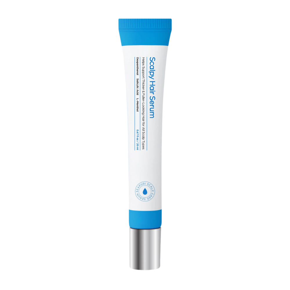 Imagem do produto de Seapuri Scalpy Hair Serum em tubo branco e azul com tampa de metal. Sérum capilar que fortalece as raízes e promove o crescimento.