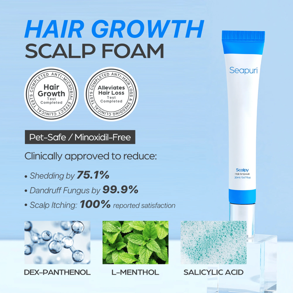 Seapuri Scalpy Hair Serum exibido com texto destacando efeito clinicamente comprovado: queda de cabelo reduzida e caspa, aumento do crescimento capilar e couro cabeludo acalmado.