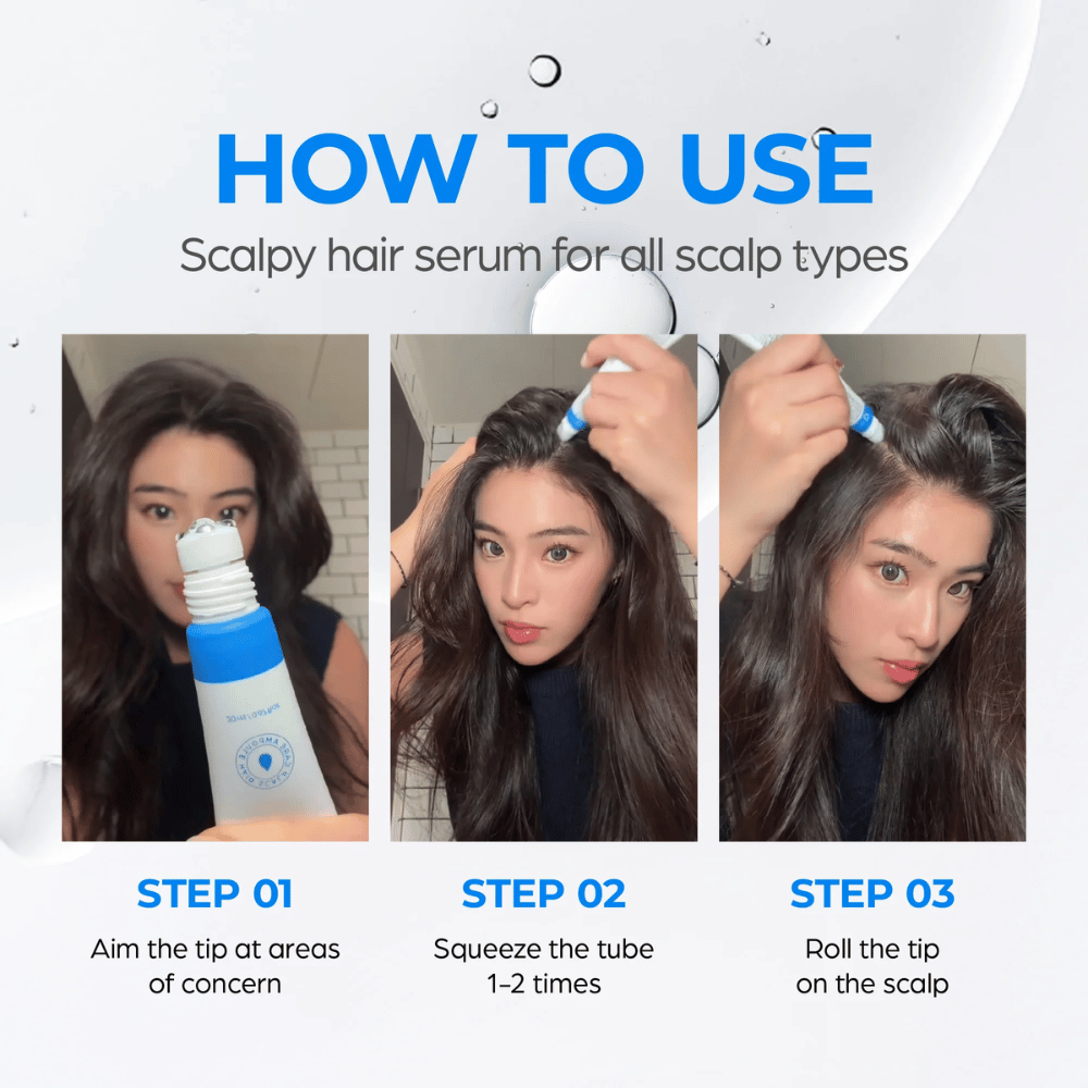 Mulher aplica Seapuri Scalpy Hair Serum no couro cabeludo. Guia passo a passo mostra como direcionar, pressionar e rolar o aplicador para obter o melhor resultado.