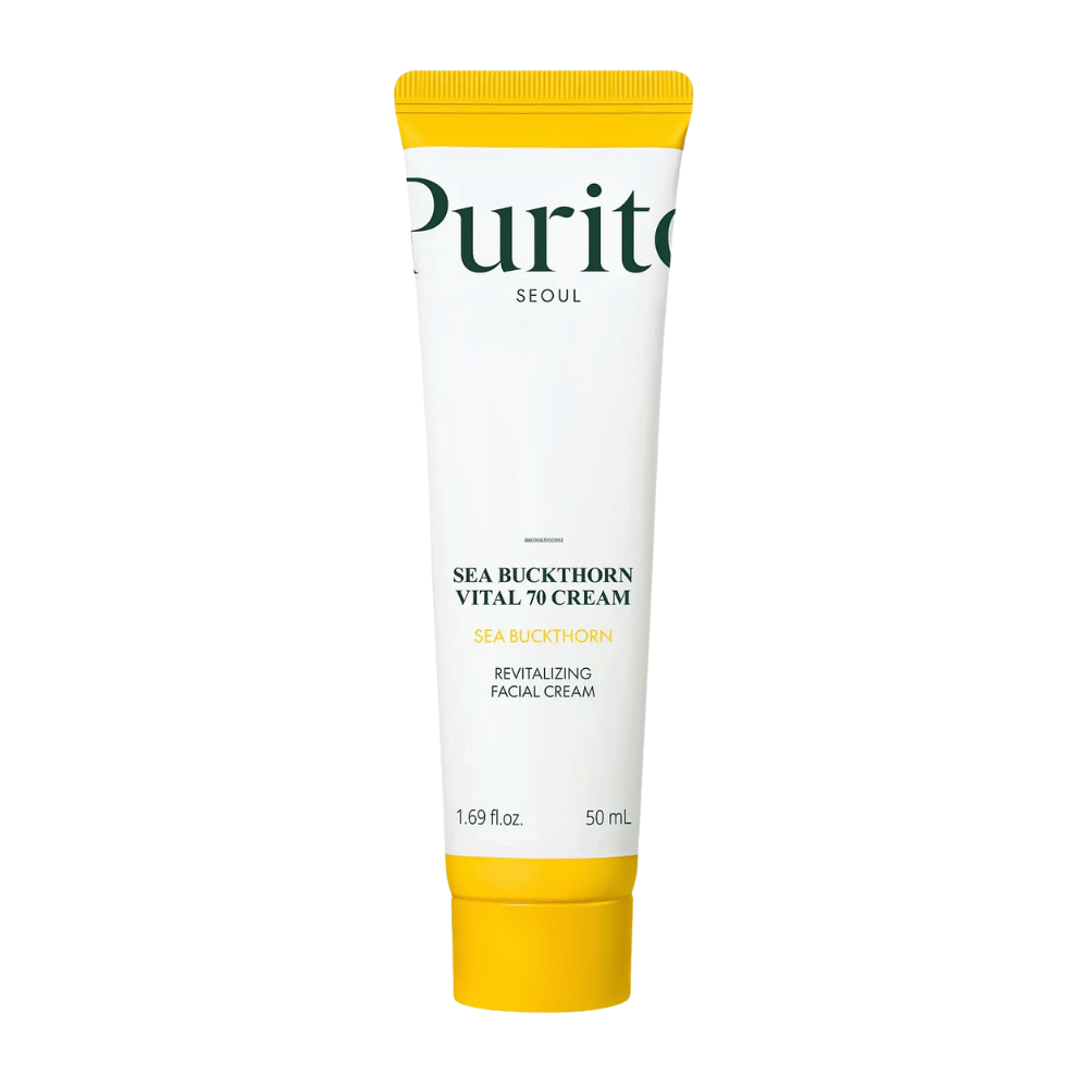 2. Purito SEOUL Sea Buckthorn Vital 70 Cream 50 ml – creme facial hidratante com 70 % de extrato de espinheiro-marítimo em tubo branco com tampa amarela sobre fundo branco