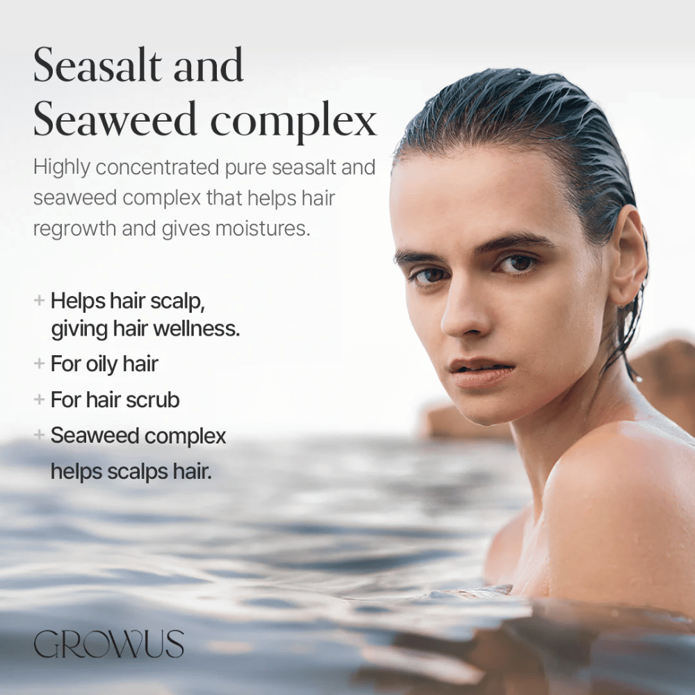 GROWUS Sea Salt Therapy Shampoo com complexo de algas marinhas que acalma o couro cabeludo e é adequado para cabelo oleoso