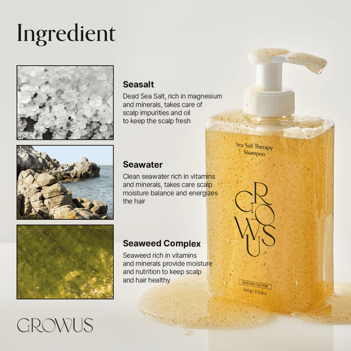 Ingredientes em GROWUS Sea Salt Therapy Shampoo com sal marinho, água do mar e complexo de algas marinhas para o couro cabeludo