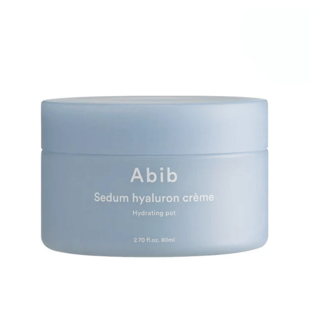 Abib Sedum Hyaluron Crème Hydrating Pot 80 ml em um frasco redondo elegante, azul claro com texto branco.