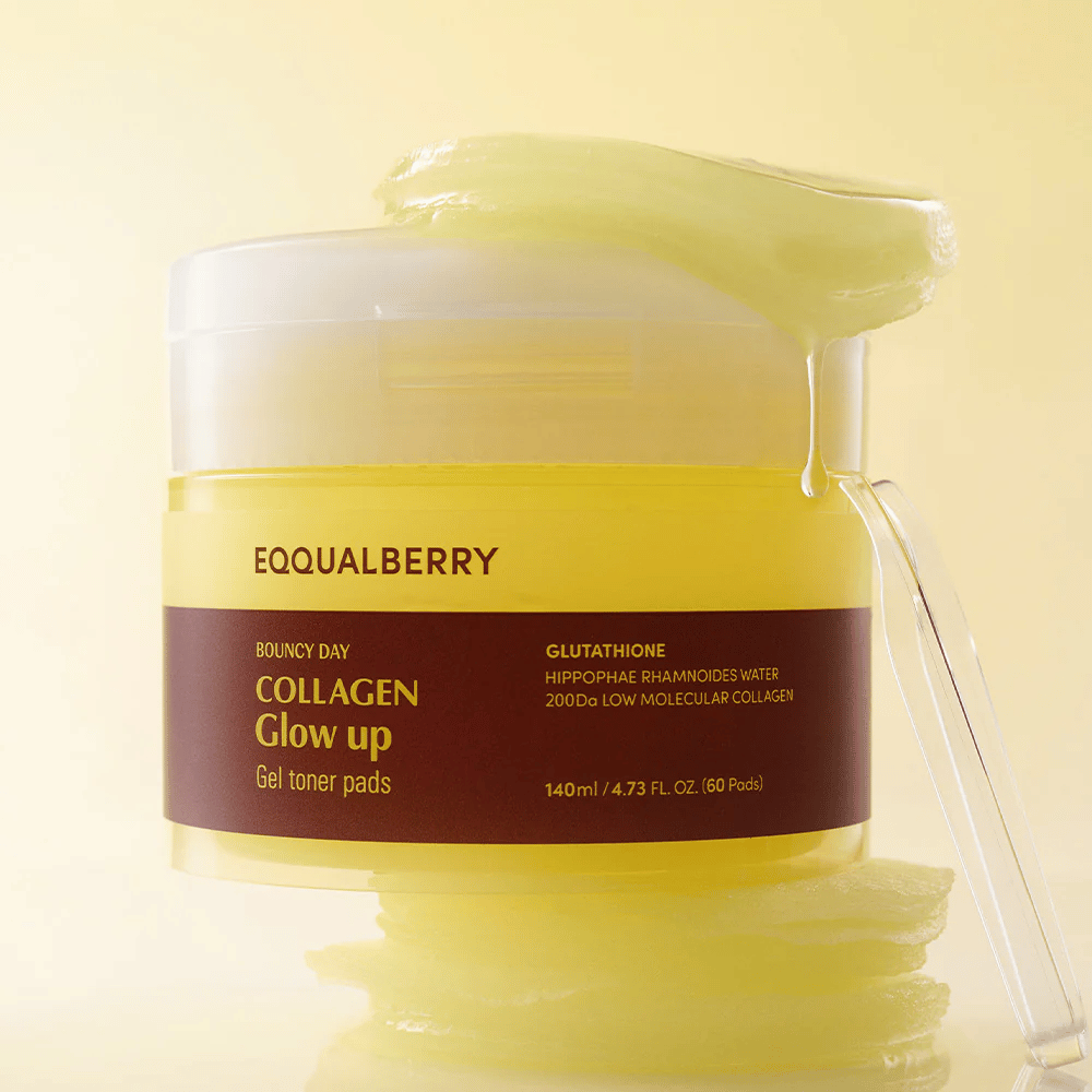 Bouncy Day Collagen Glow up Gel Toner Pads que contém colágeno de baixa molécula e glutationa para dar à pele um brilho saudável e hidratação.