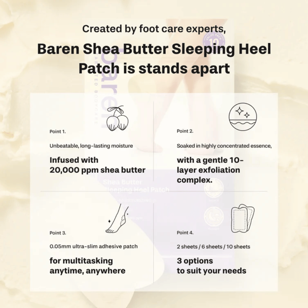 BAREN Shea Butter Sleeping Heel Patch – patch para calcanhares com 20 000 ppm de manteiga de karité e complexo esfoliante