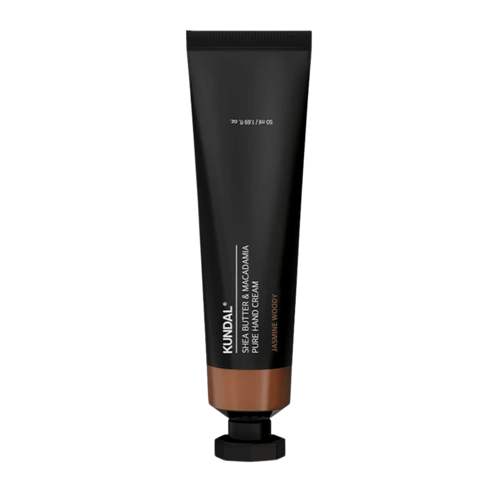 KUNDAL Shea Butter & Macadamia Pure Hand Cream Jasmine Woody em fundo branco – creme de mãos intensamente hidratante com manteiga de karité e macadâmia para cuidados diários das mãos.