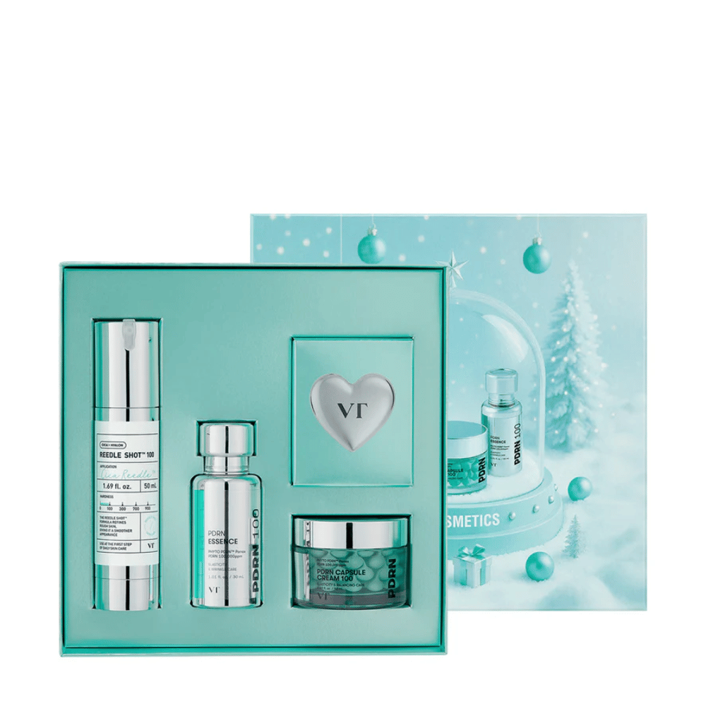VT Cosmetics Shining Holiday Set – elegante caixa de presente com Reedle Shot 100, PDRN Essence, PDRN Capsule Cream e chaveiro.