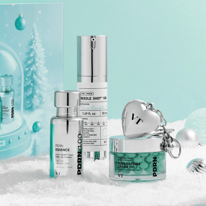 VT Cosmetics Shining Holiday Set – luxuoso Kit de cuidados com a pele com PDRN Essence, Reedle Shot 100 e PDRN Capsule Cream em design inspirado no inverno.