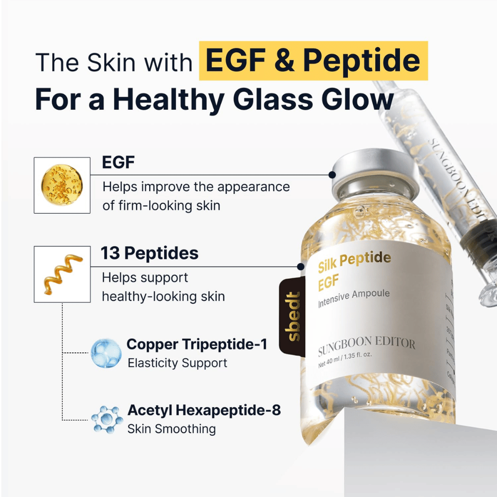 Silk Peptide EGF Intensive Ampoule contém EGF, 13 péptidos, bem como cobre tripeptídeo-1 e acetil hexapeptídeo-8, que em conjunto ajudam a apoiar a elasticidade da pele, melhorar a aparência da pele e proporcionar um brilho natural.