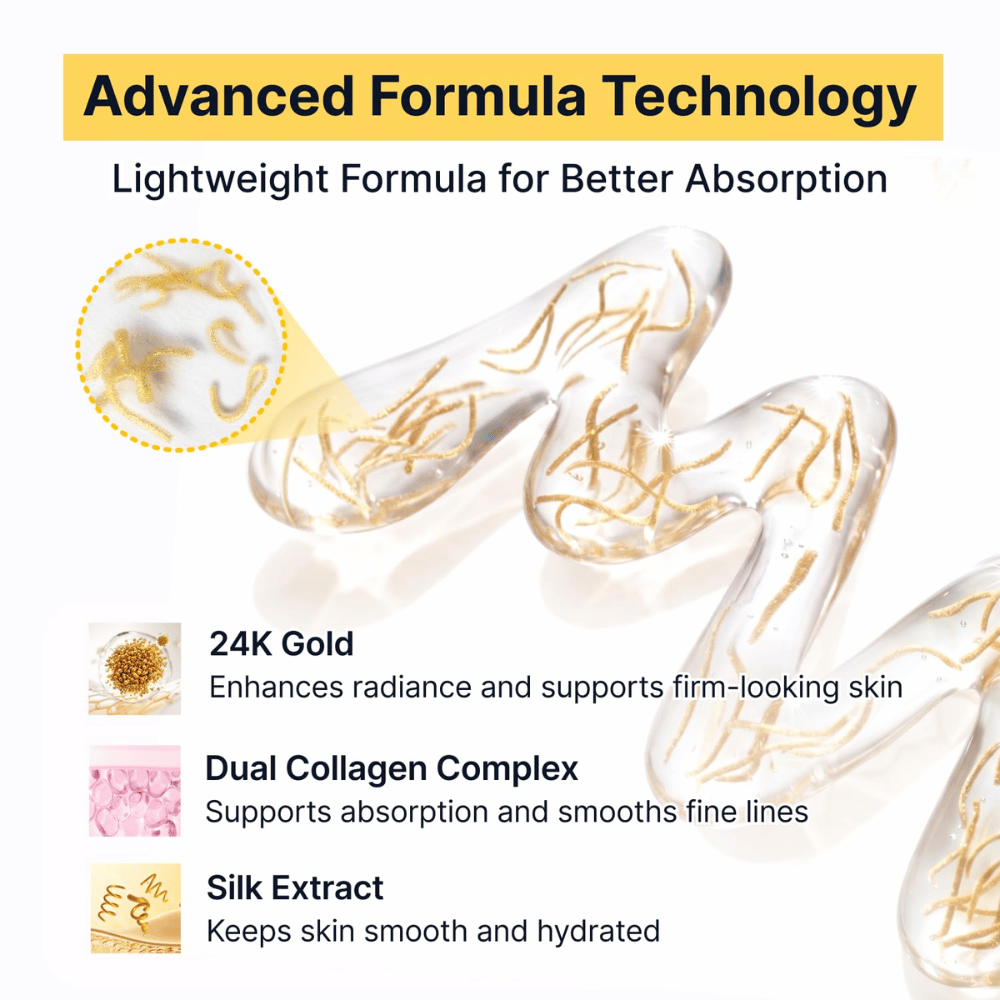 Silk Peptide EGF Intensive Ampoule combina ouro 24K, extrato de seda e um complexo de colagénio duplo para proporcionar à pele luminosidade, hidratação e uma sensação mais firme, enquanto a fórmula leve é rapidamente absorvida.