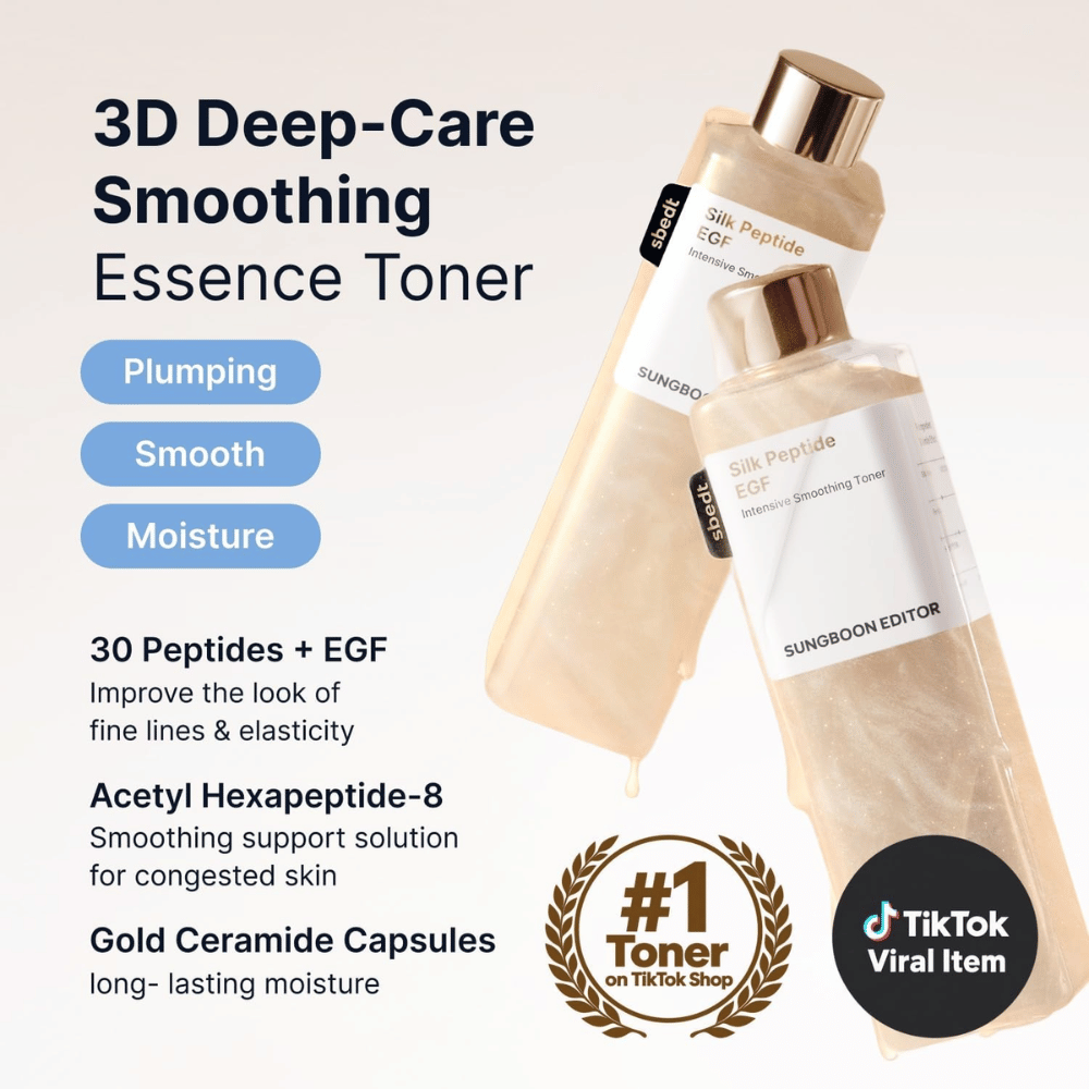 SUNGBOON EDITOR Silk Peptide EGF Intensive Smoothing Toner – essence toner com péptidos, EGF e ceramidas