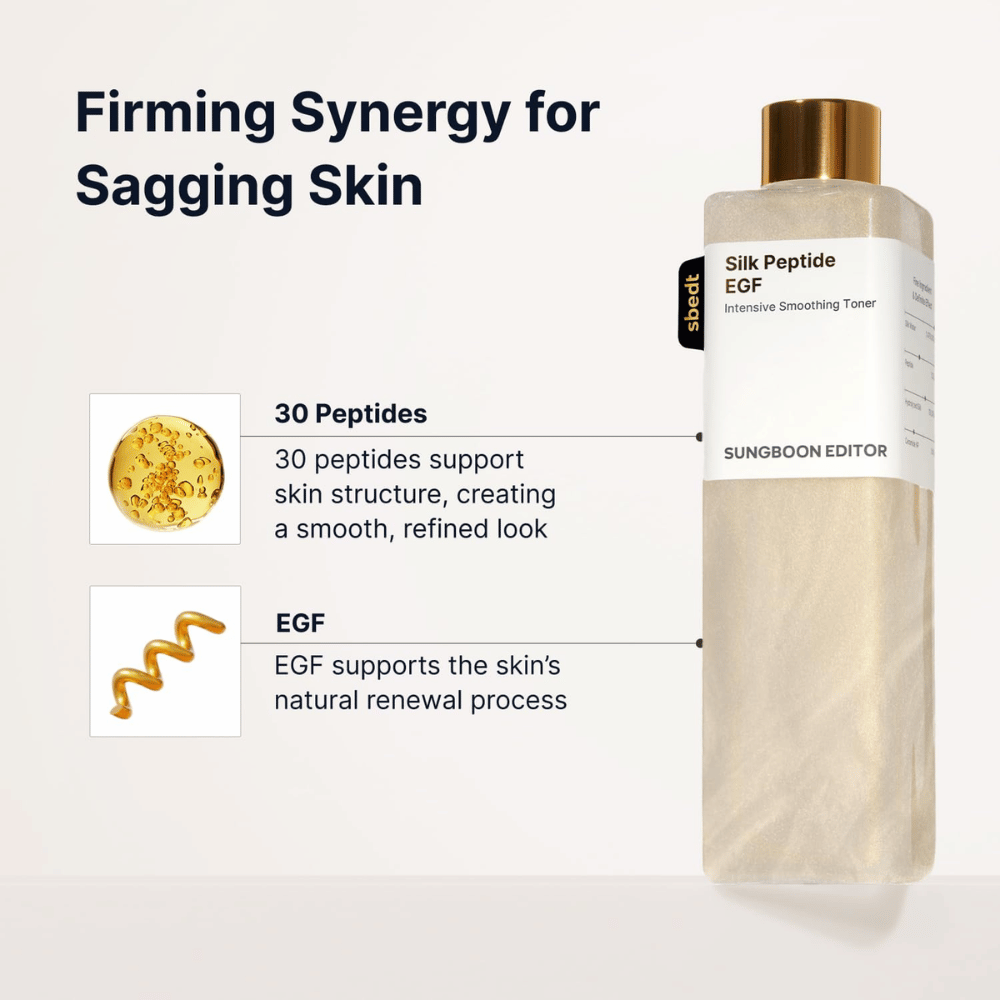 SUNGBOON EDITOR Silk Peptide EGF Intensive Smoothing Toner – tónico com 30 péptidos e EGF para uma pele mais uniforme