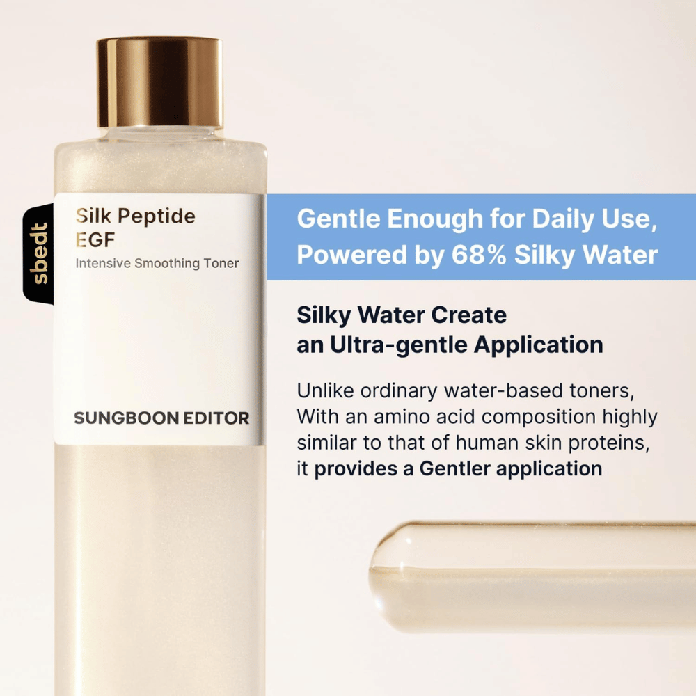 SUNGBOON EDITOR Silk Peptide EGF Intensive Smoothing Toner – tónico suave com 68 % de silky water para uso diário