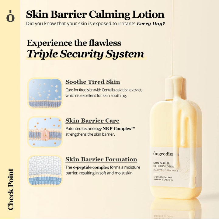 Ongredients Skin Barrier Calming Lotion com Centella Asiatica e peptídeos que acalmam a pele, fortalecem a barreira cutânea e proporcionam hidratação de longa duração.