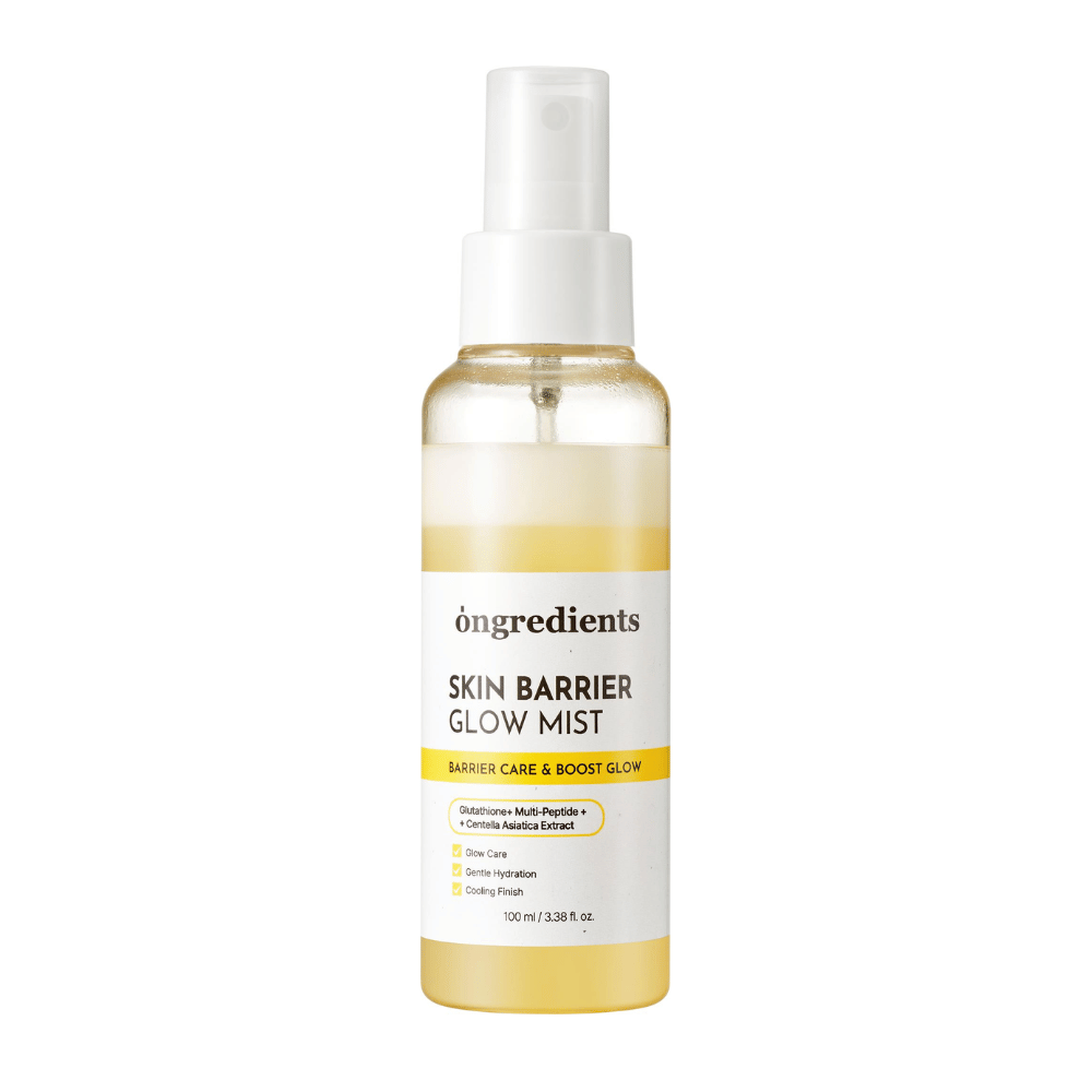 Ongredients Skin Barrier Glow Mist spray facial com fórmula de dupla camada que hidrata a pele, fortalece a barreira cutânea e proporciona um brilho natural.