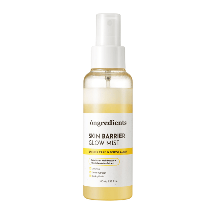 Ongredients Skin Barrier Glow Mist spray facial com fórmula de dupla camada que hidrata a pele, fortalece a barreira cutânea e proporciona um brilho natural.