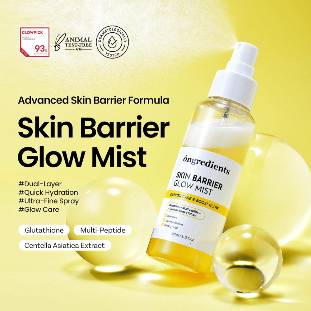 Ongredients Skin Barrier Glow Mist spray facial de 100 ml com ceramidas, peptídeos e Centella Asiatica para hidratação e efeito fortalecedor da barreira cutânea.