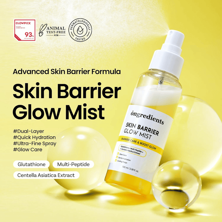 Ongredients Skin Barrier Glow Mist spray facial de 100 ml com ceramidas, peptídeos e Centella Asiatica para hidratação e efeito fortalecedor da barreira cutânea.