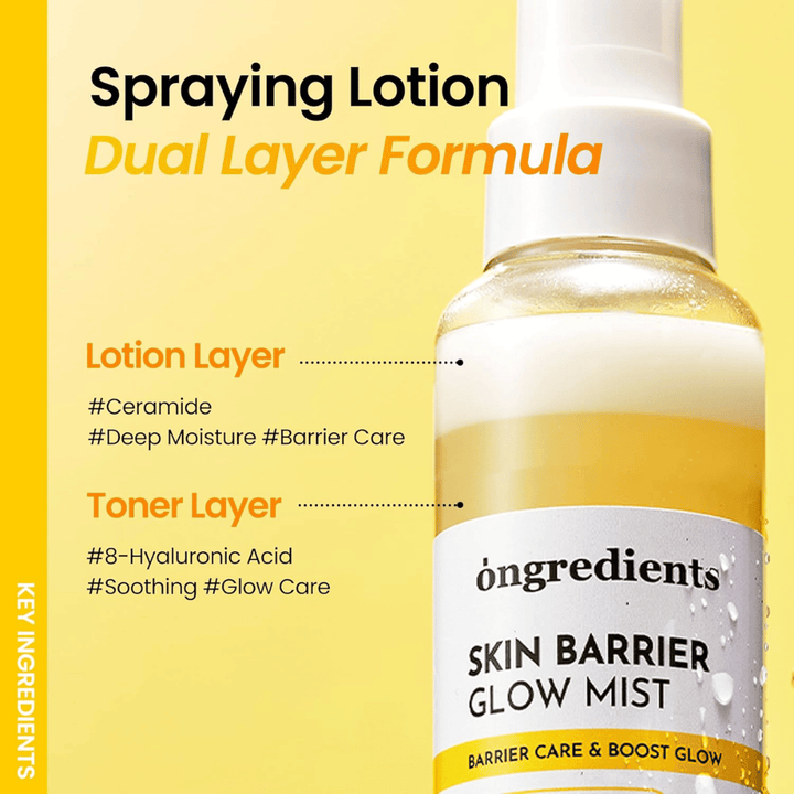 Ongredients Skin Barrier Glow Mist spray facial de dupla camada com ácido hialurónico e ceramidas que proporciona hidratação profunda e protege a barreira cutânea.