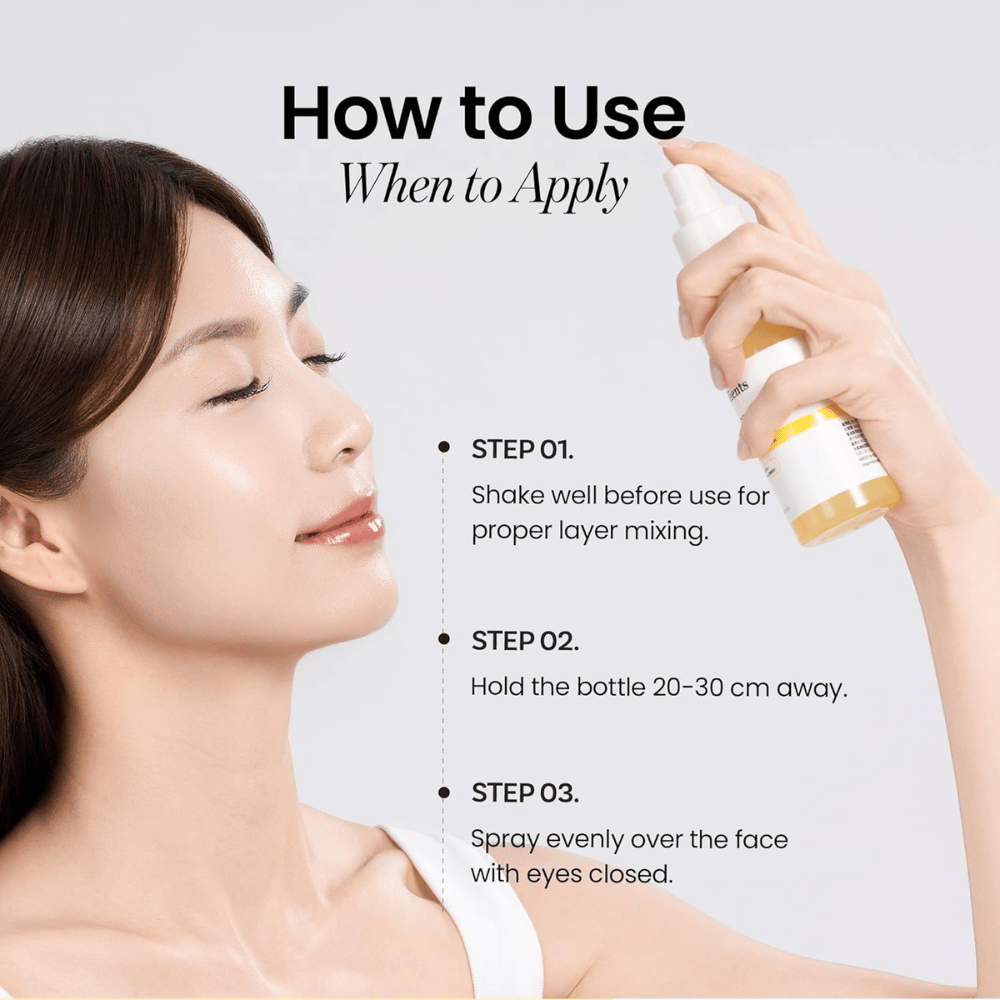 Ongredients Skin Barrier Glow Mist utiliza-se como spray facial a 20–30 cm da pele para hidratação rápida, brilho e refrescância ao longo do dia.