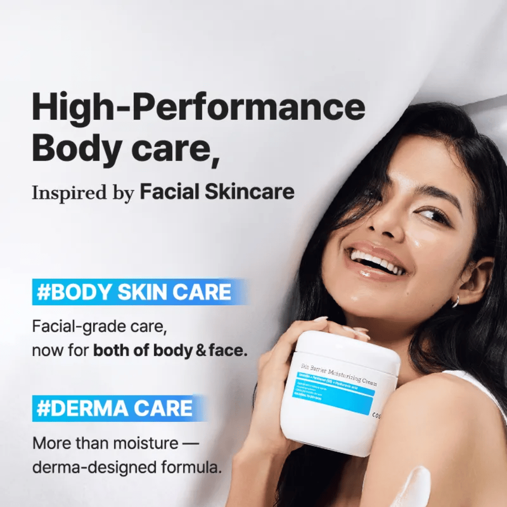 Mulher com COSRX Skin Barrier Cream – poderoso cuidado corporal com qualidade de cuidado facial e dermaformula.