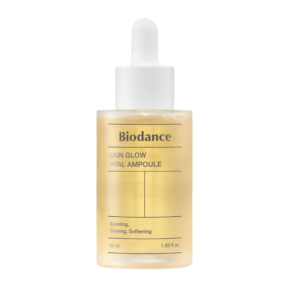Frasco com Biodance Skin Glow Vital Ampoule, uma ampola facial que estimula, dá brilho e suaviza a pele. Contém 50 ml e é projetada para dar à pele uma sensação radiante e revitalizada.