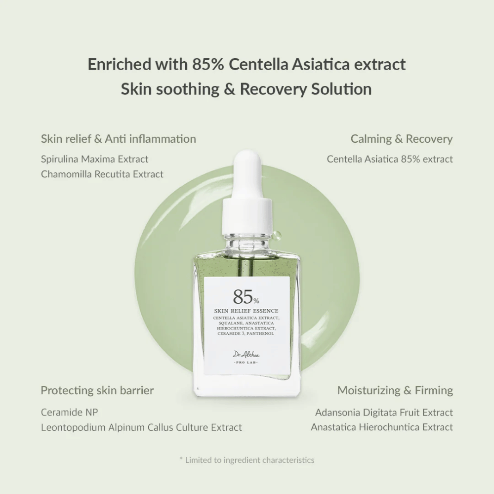 Dr. Althea Skin Relief Essence é enriquecido com 85% de extrato de Centella Asiatica e oferece cuidados calmantes e reparadores. Contém ingredientes anti-inflamatórios como spirulina e camomila, ceramidas para fortalecer a barreira cutânea, bem como extratos hidratantes de baobá e anastatica. Perfeito para pele sensível, vermelha e estressada.