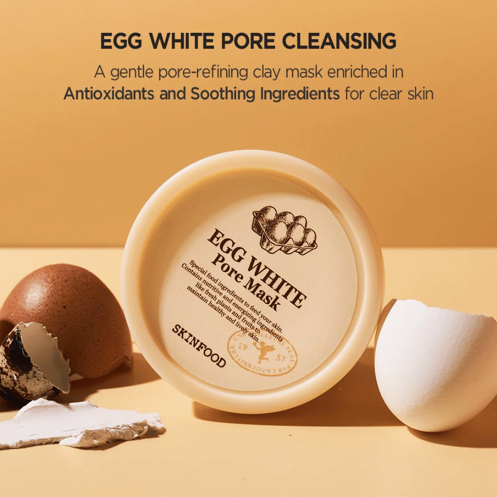 Egg White Pore Mask 120g da SKINFOOD é ideal para melhoria da pele.