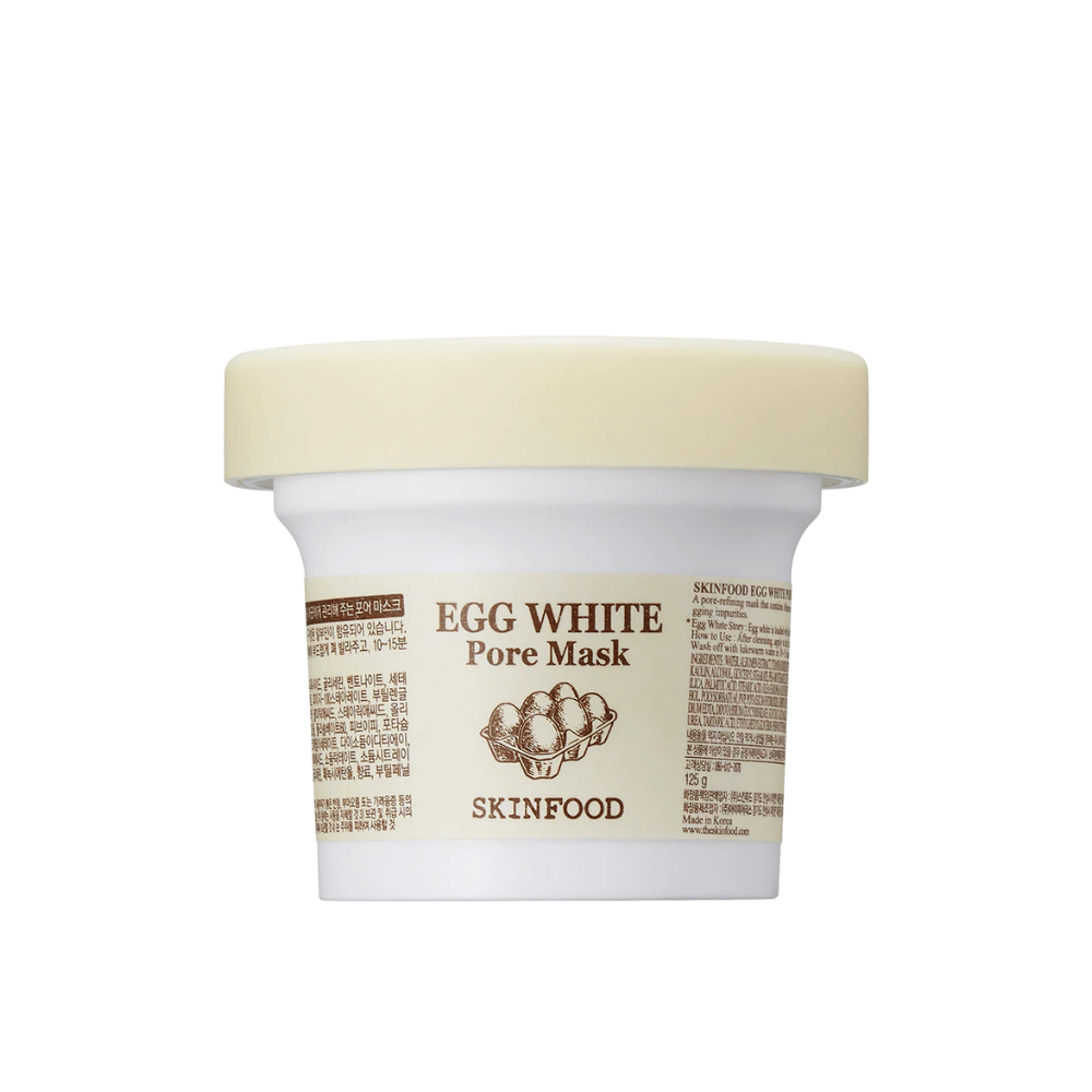 EN SKINFOOD Egg White Pore Mask 120g em fundo branco, projetado para limpeza de poros e melhoria da pele.