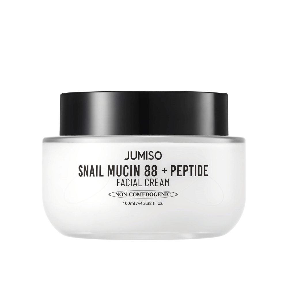 JUMISO Snail Mucin 88 + Peptide Facial Cream em um pote branco com tampa preta. Creme facial com 88% de extrato de caracol e peptídeos para cuidados intensivos da pele e hidratação.