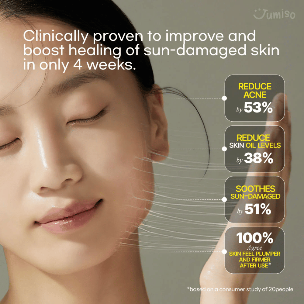 Mulher sorridente com pele lisa e radiante ilustra os efeitos de Jumiso Snail Mucin 95 + Peptide. Melhoria clinicamente comprovada da pele danificada pelo sol em 4 semanas.