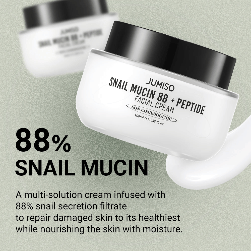 JUMISO Snail Mucin 88 + Peptide Facial Cream med 88 % snigelsekretfiltrat, utformad för att reparera skadad hud och återfukta på djupet. Text på bilden beskriver dess återuppbyggande och fuktgivande egenskaper.