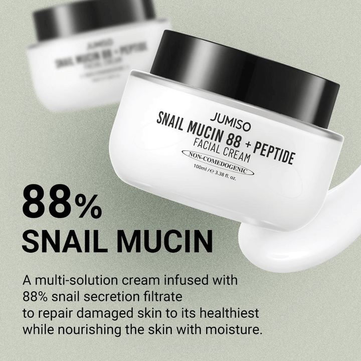 JUMISO Snail Mucin 88 + Peptide Facial Cream med 88 % snigelsekretfiltrat, utformad för att reparera skadad hud och återfukta på djupet. Text på bilden beskriver dess återuppbyggande och fuktgivande egenskaper.