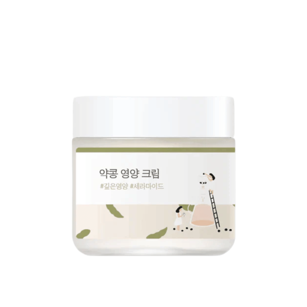 Mixsoon Soybean Nourishing Cream em frasco de vidro com tampa branca e rótulo verde. Um creme profundamente nutritivo para pele seca e sensível.