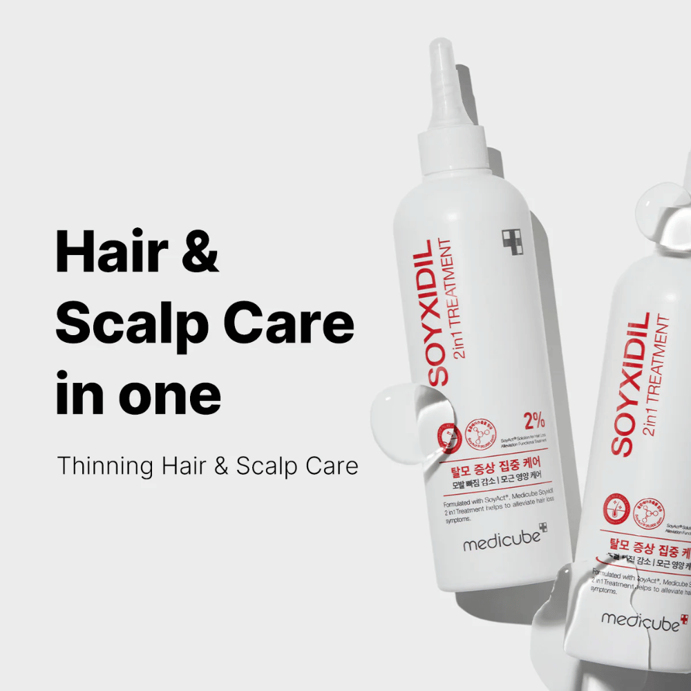 Medicube Soyxidil 2in1 Treatment é exibido com o texto “Hair & Scalp Care in one – Thinning Hair & Scalp Care”. Para cabelos mais fortes e couro cabeludo mais saudável.