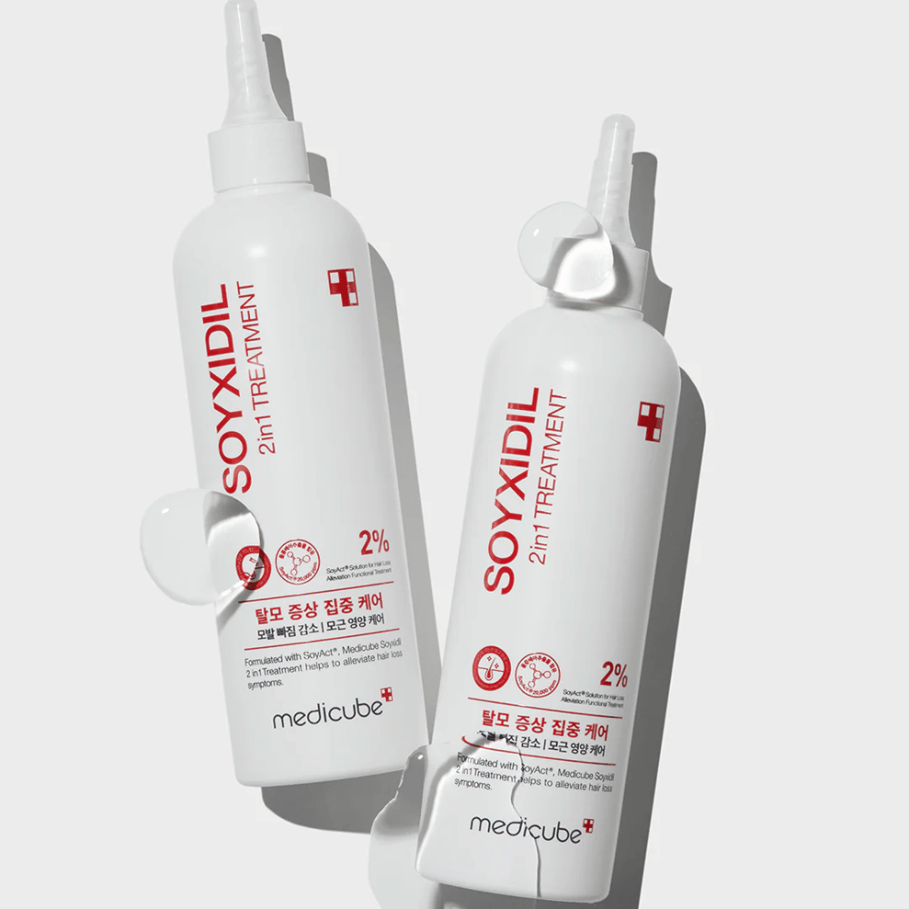 Duas garrafas de Medicube Soyxidil 2in1 Treatment com texto claro “2% Solução SoyAct™”. Tratamento nutritivo contra queda de cabelo e couro cabeludo seco.