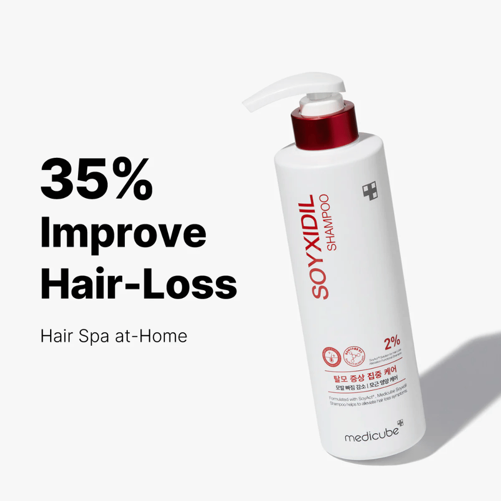 Medicube Soyxidil Shampoo exibido com texto: “35% Melhora na Queda de Cabelo - Spa Capilar em Casa”. Champô para queda de cabelo e couro cabeludo saudável.