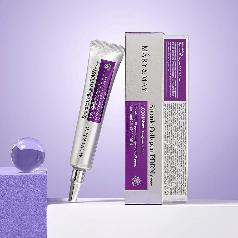 Mary & May Spicule Collagen PDRN Cream ao lado da embalagem original, creme facial regenerador com colágeno, PDRN e espícula.