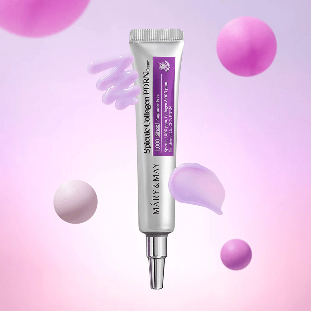 Mary & May Spicule Collagen PDRN Cream com textura de creme, cuidados avançados coreanos para a pele que estimulam a renovação celular e proporcionam uma pele mais firme.