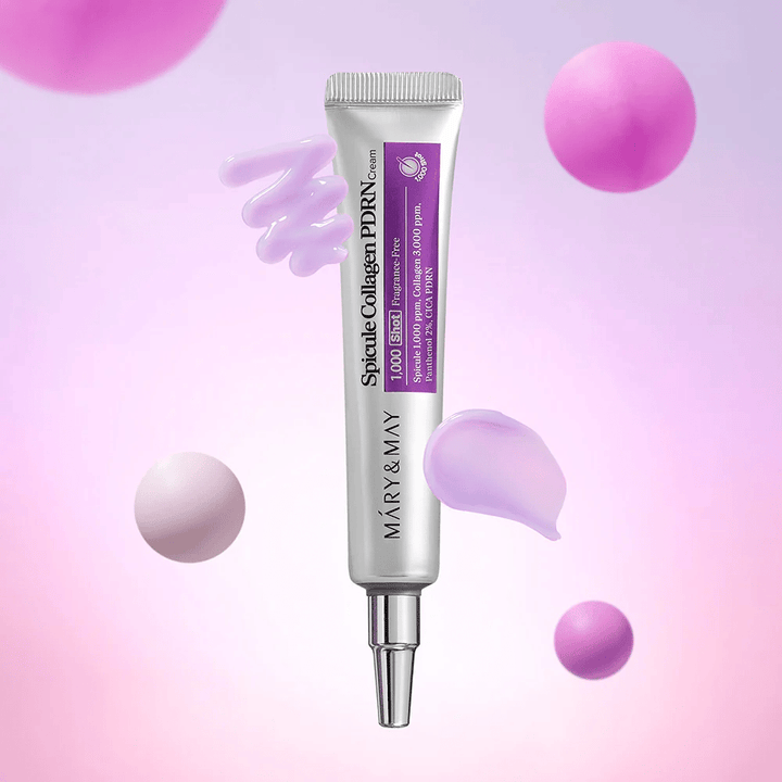 Mary & May Spicule Collagen PDRN Cream com textura de creme, cuidados avançados coreanos para a pele que estimulam a renovação celular e proporcionam uma pele mais firme.
