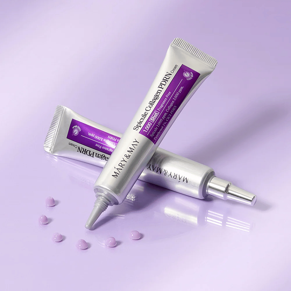 Mary & May Spicule Collagen PDRN Cream em vários tubos sobre fundo lilás, creme facial intensamente regenerador com tecnologia de espícula e colágeno.