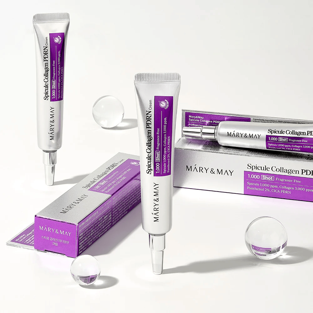 Mary & May Spicule Collagen PDRN Cream em tubo com embalagem, cuidados coreanos para a pele com espícula, colágeno e PDRN para renovação da pele e elasticidade melhorada.