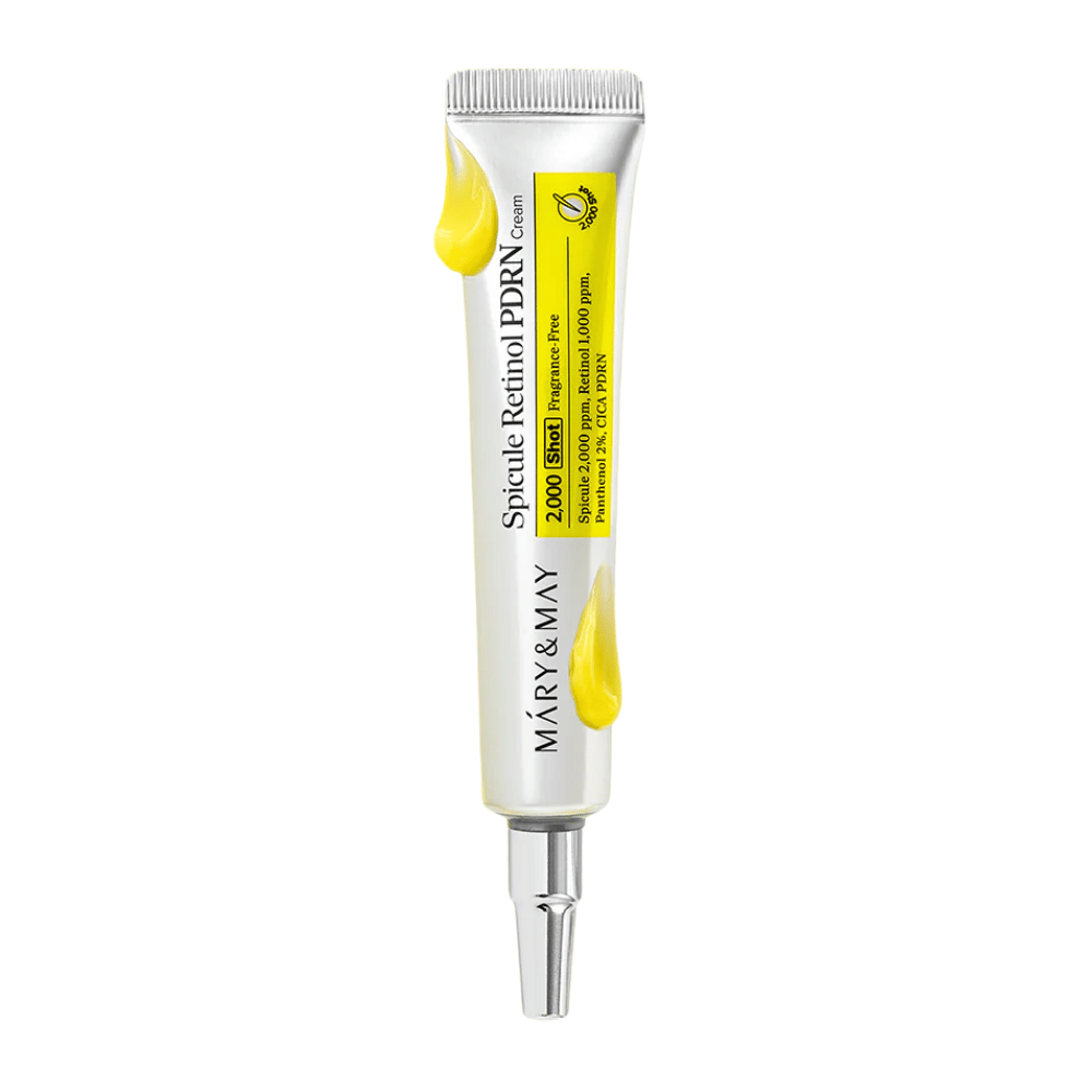 Imagem do produto de MARY & MAY Spicule Retinol PDRN Cream em tubo sobre fundo branco, um creme facial ativo com retinol e PDRN adequado para pele madura e irregular.