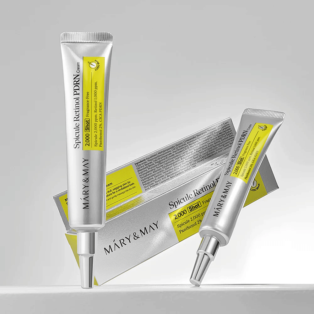 MARY & MAY Spicule Retinol PDRN Cream em tubo junto com embalagem original, um creme facial coreano com retinol e PDRN que apoia a regeneração da pele.