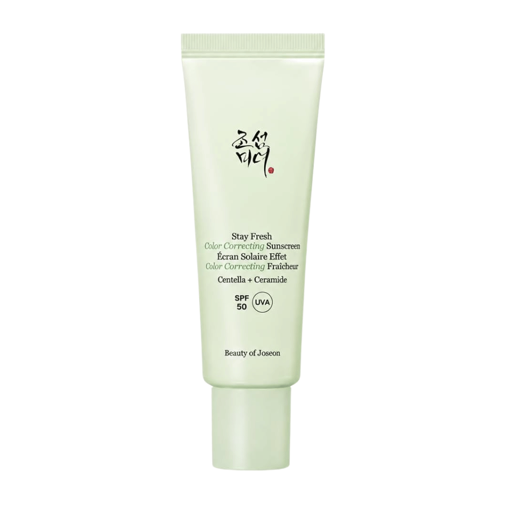 5. Beauty of Joseon Stay Fresh Color Correcting Sunscreen SPF 50 – protetor solar corretor de cor verde sobre fundo branco