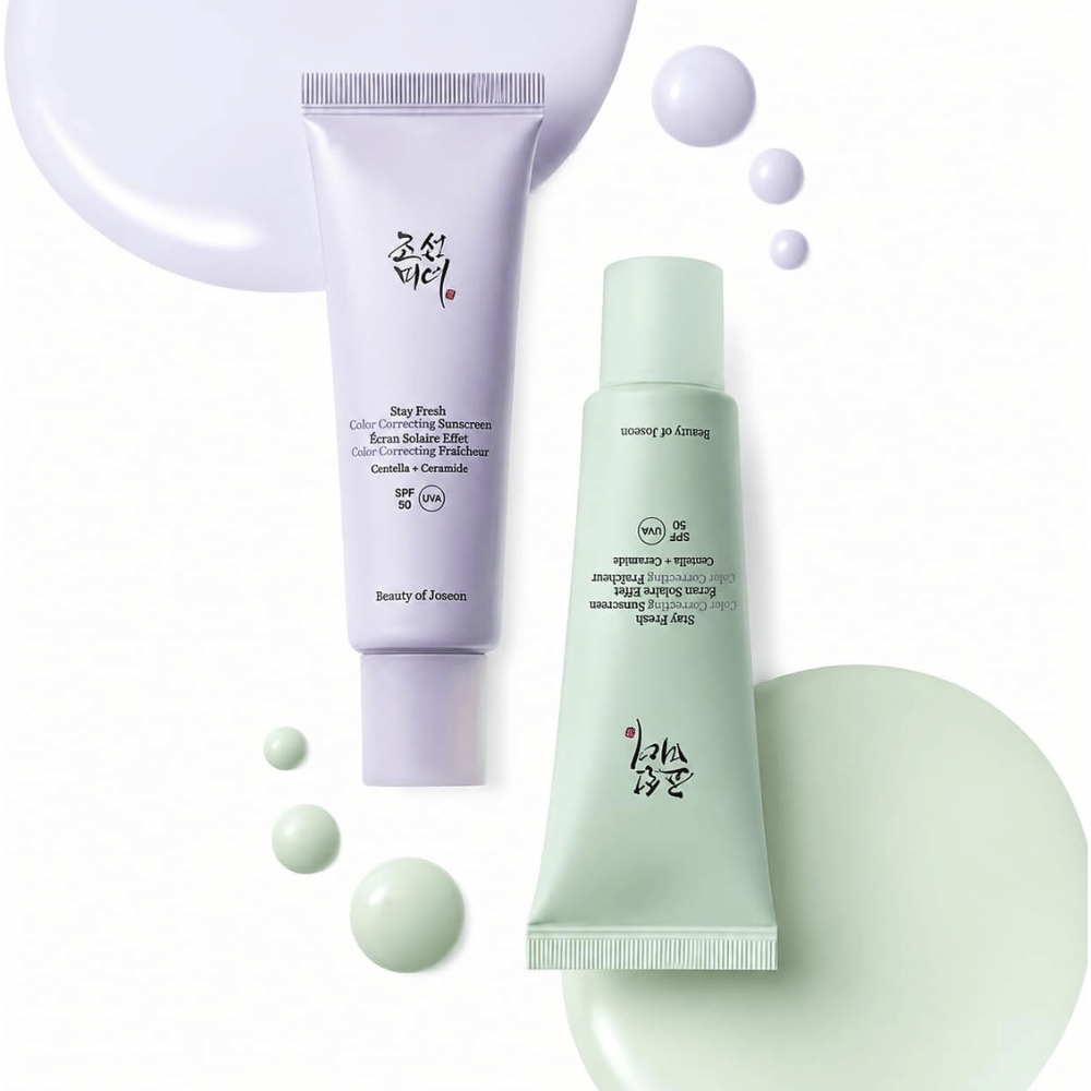 3. Beauty of Joseon Stay Fresh Color Correcting Sunscreen SPF 50 – protetor solar verde e roxo com amostras de cor