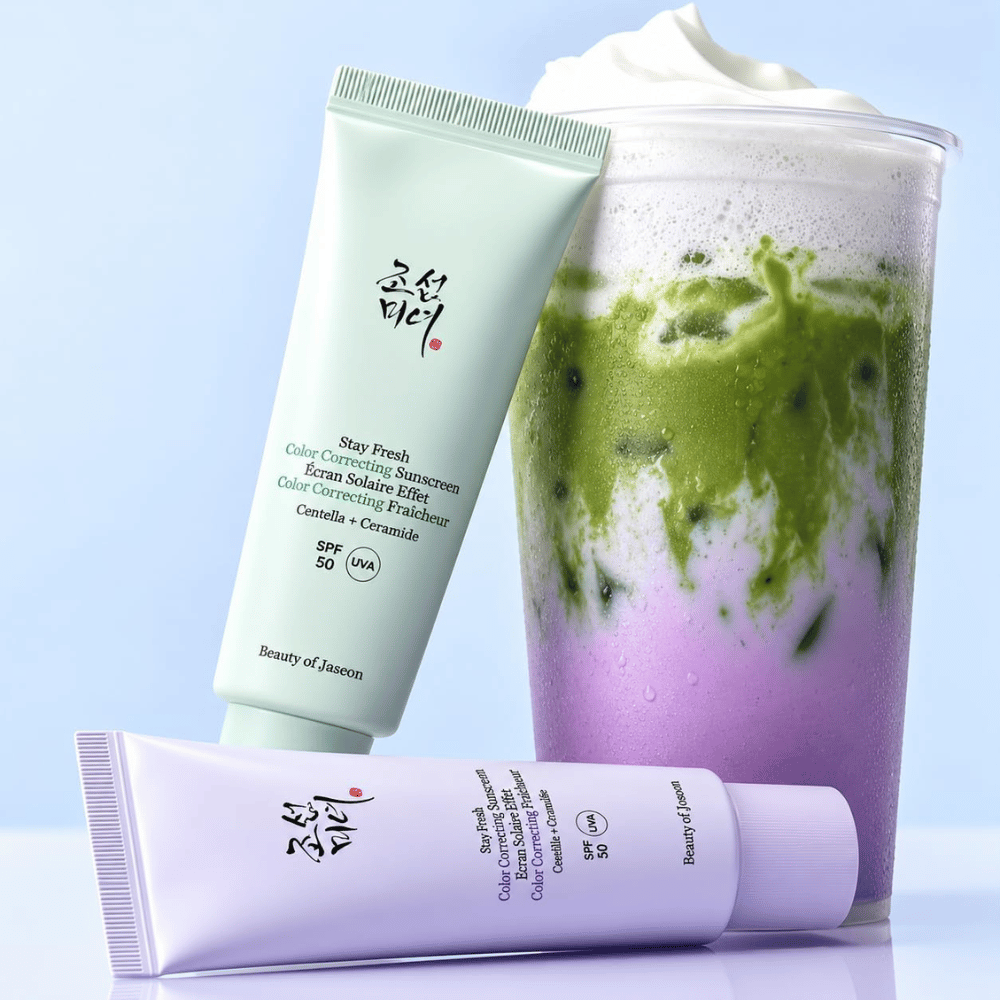 1. Beauty of Joseon Stay Fresh Color Correcting Sunscreen SPF 50 – protetor solar verde e roxo com bebida a condizer