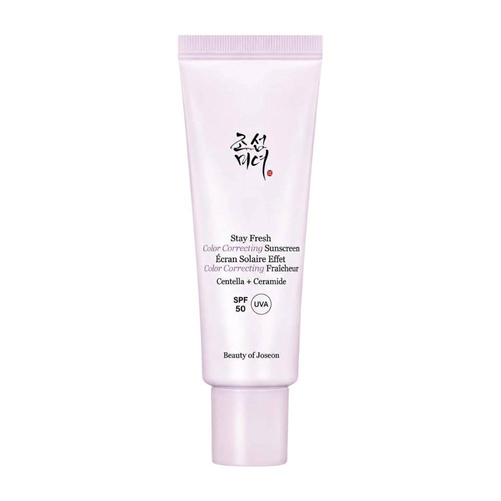 4. Beauty of Joseon Stay Fresh Color Correcting Sunscreen SPF 50 – protetor solar corretor de cor roxo sobre fundo branco