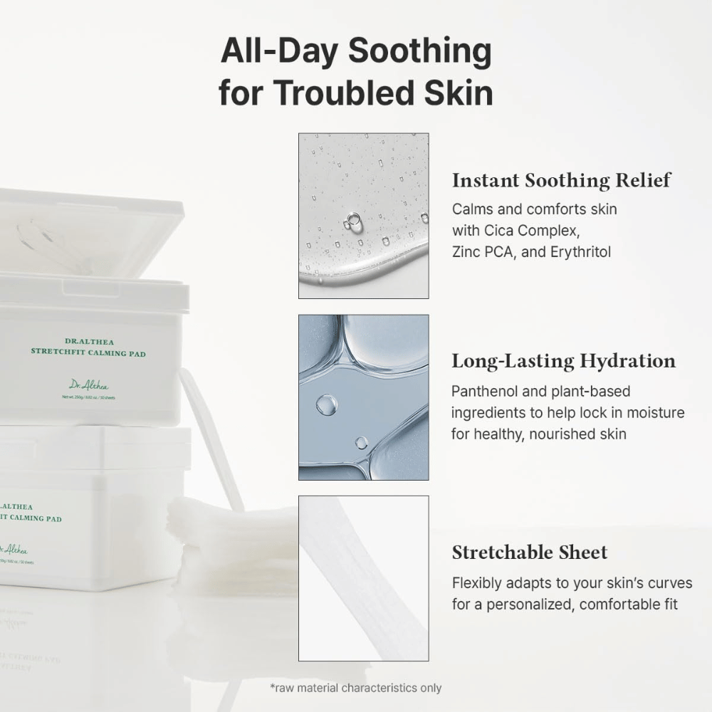 Imagem – efeito / benefícios (conversão)
Dr. Althea Stretchfit Calming Pad que proporciona hidratação de longa duração, reduz a irritação e refresca a pele sensível durante todo o dia.