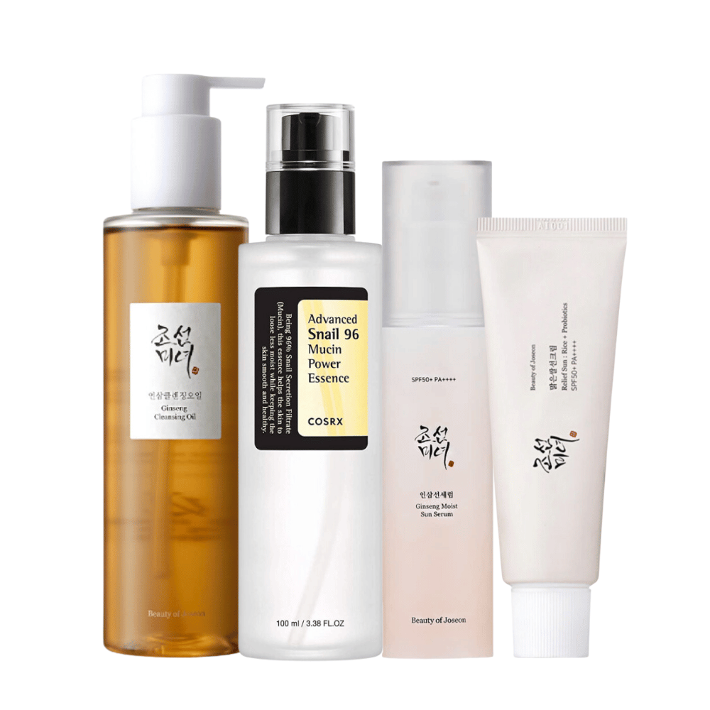 K-Beauty O Kit Essentials de Verão contém essência de mucina de caracol e óleo de limpeza de ginseng.